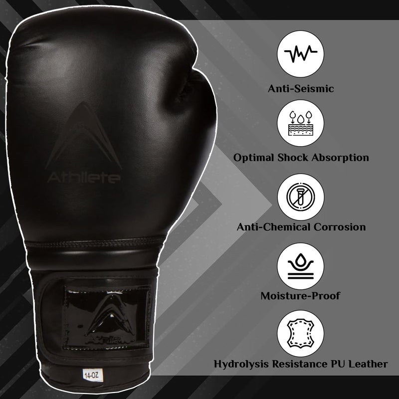 Athllete Men & Women Boxing Gloves 14 oz, Training & Kickboxing, Black/Black - Image 2